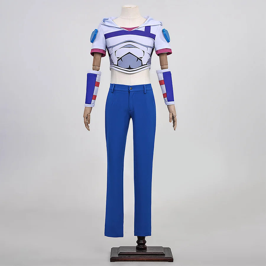 Anime Johnny Joestar Cosplay Costume, white and deep blue outfit, front view.