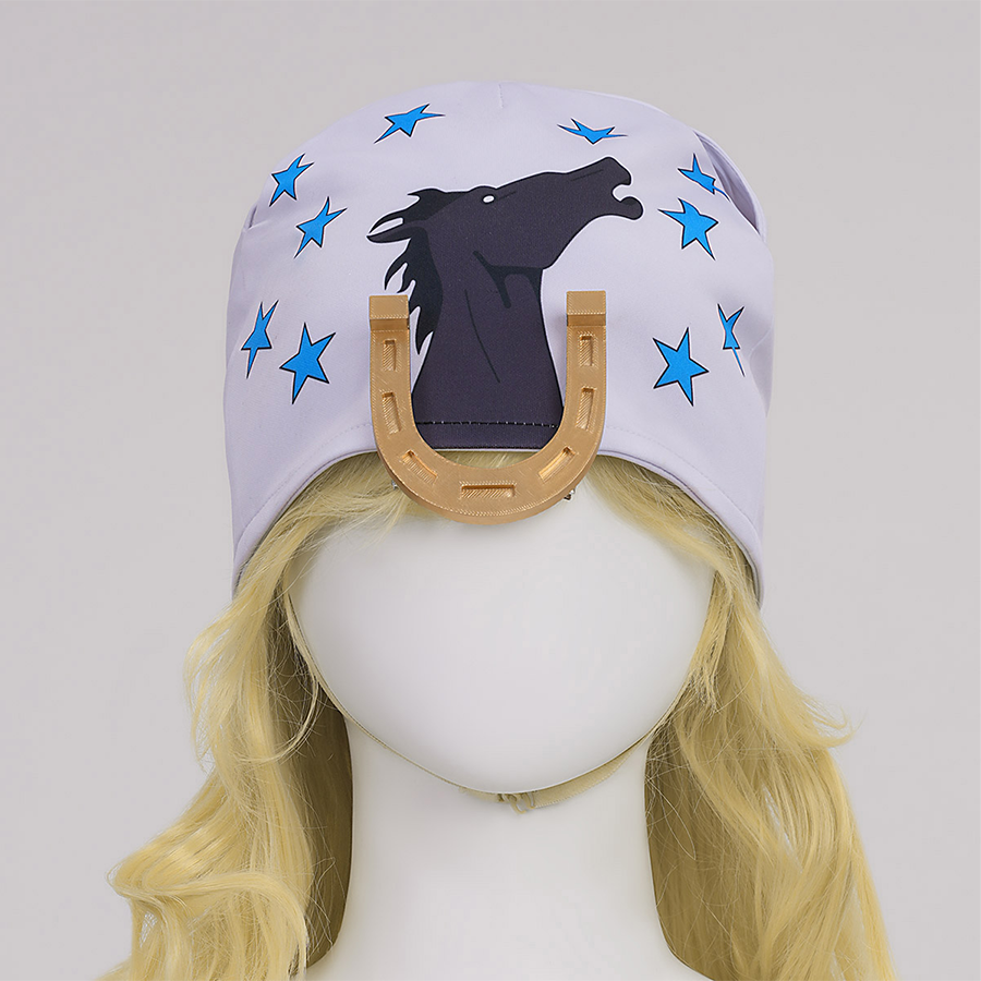 Anime Johnny Joestar Cosplay Costume, a hat with a star and horse print, and a horseshoe decoration on the front.