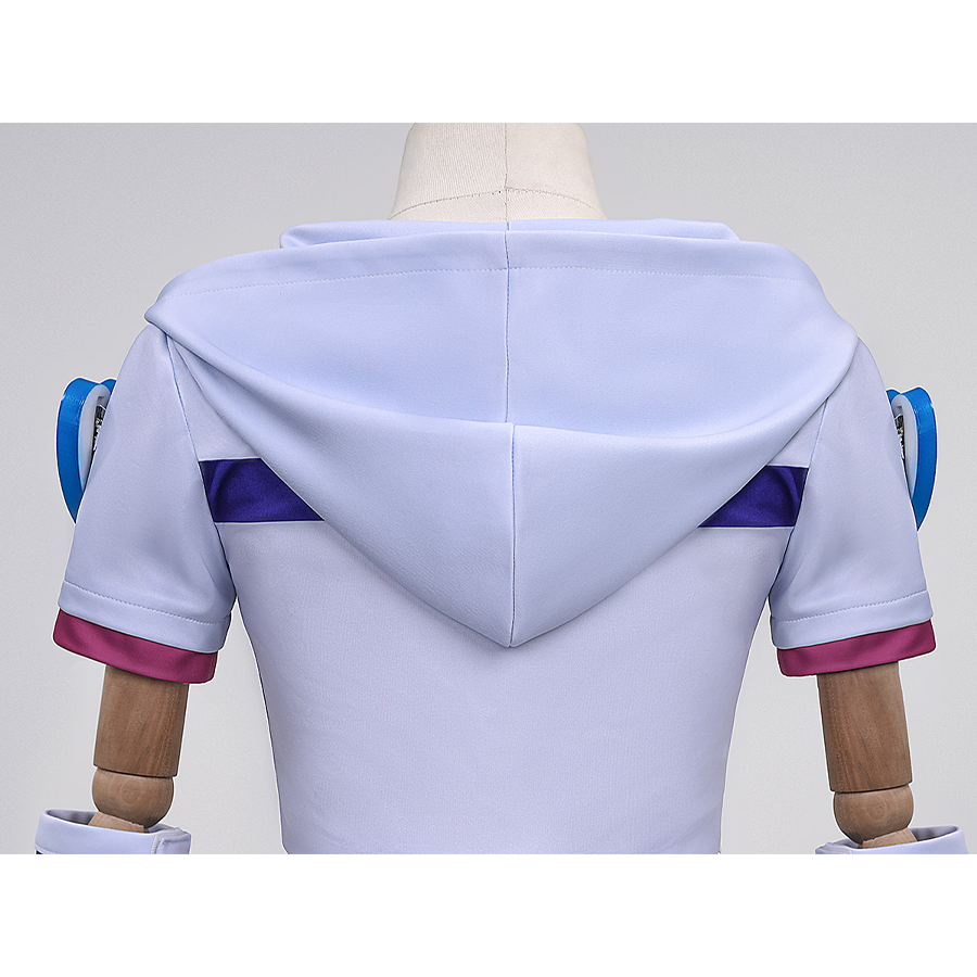 Anime Johnny Joestar Cosplay Costume, the back is decorated with blue stripes and a big white hood.