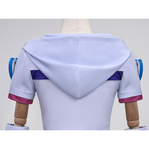 Anime Johnny Joestar Cosplay Costume, the back is decorated with blue stripes and a big white hood.