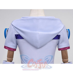 Anime Johnny Joestar Cosplay Costume, the back is decorated with blue stripes and a big white hood.