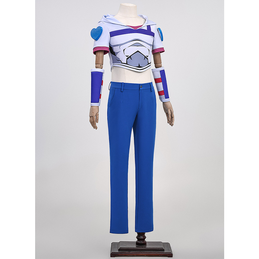 Anime Johnny Joestar Cosplay Costume, white and deep blue outfit with heart props on both shoulder, left side view.