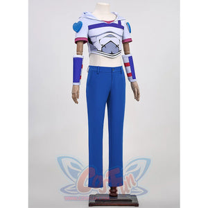 Anime Johnny Joestar Cosplay Costume, white and deep blue outfit with heart props on both shoulder, left side view.