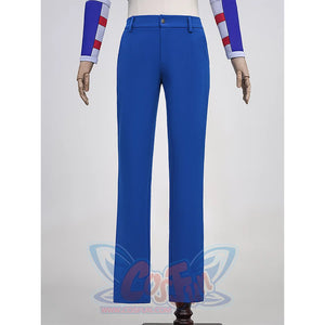 Anime Johnny Joestar Cosplay Costume, deep blue slim-fit pants, front view.