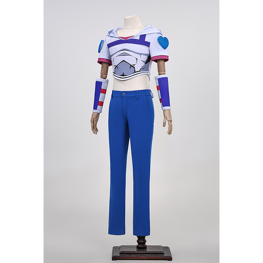 Anime Johnny Joestar Cosplay Costume, white and deep blue outfit with heart props on both shoulder.