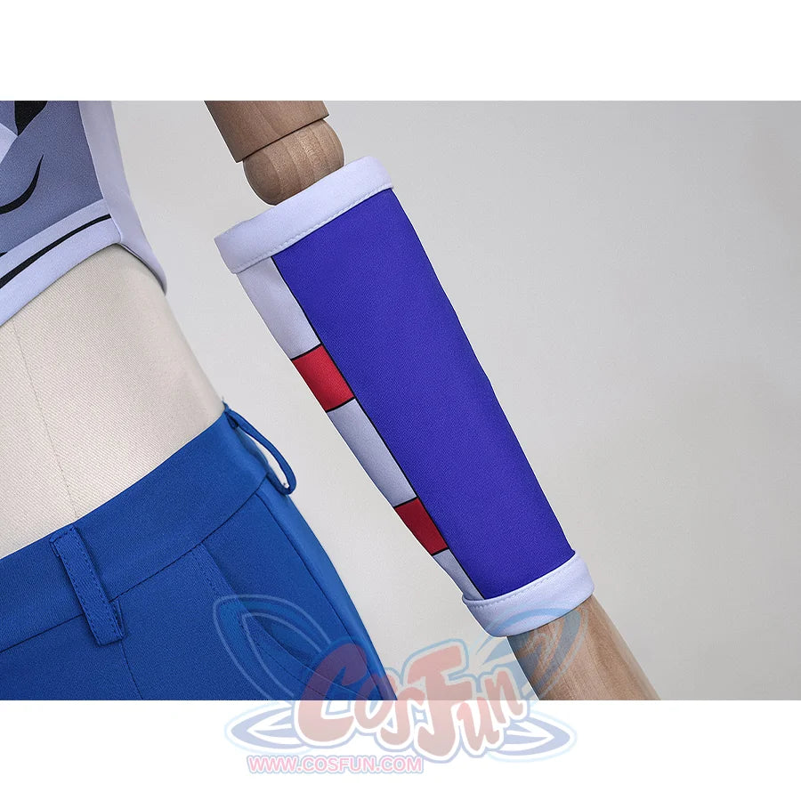 Anime Johnny Joestar Cosplay Costume, deep blue and white waistbands with red stripes.