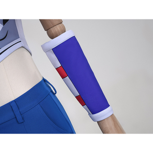 Anime Johnny Joestar Cosplay Costume, deep blue and white waistbands with red stripes.