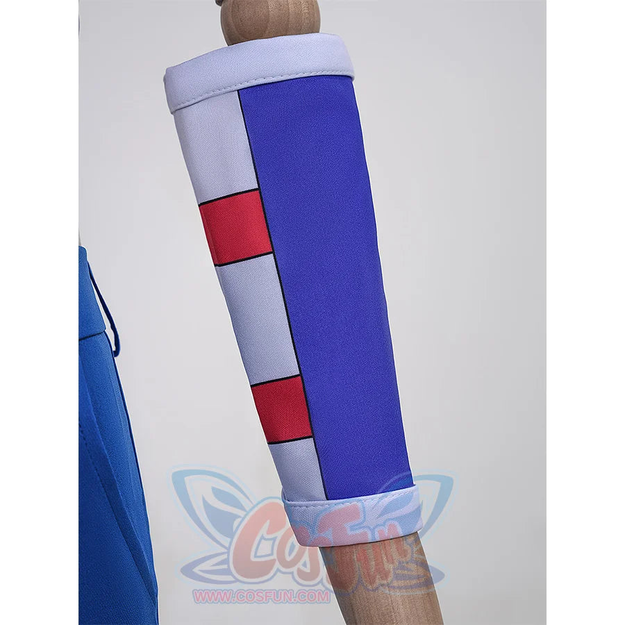 Anime Johnny Joestar Cosplay Costume, deep blue and white waistbands with red stripes.