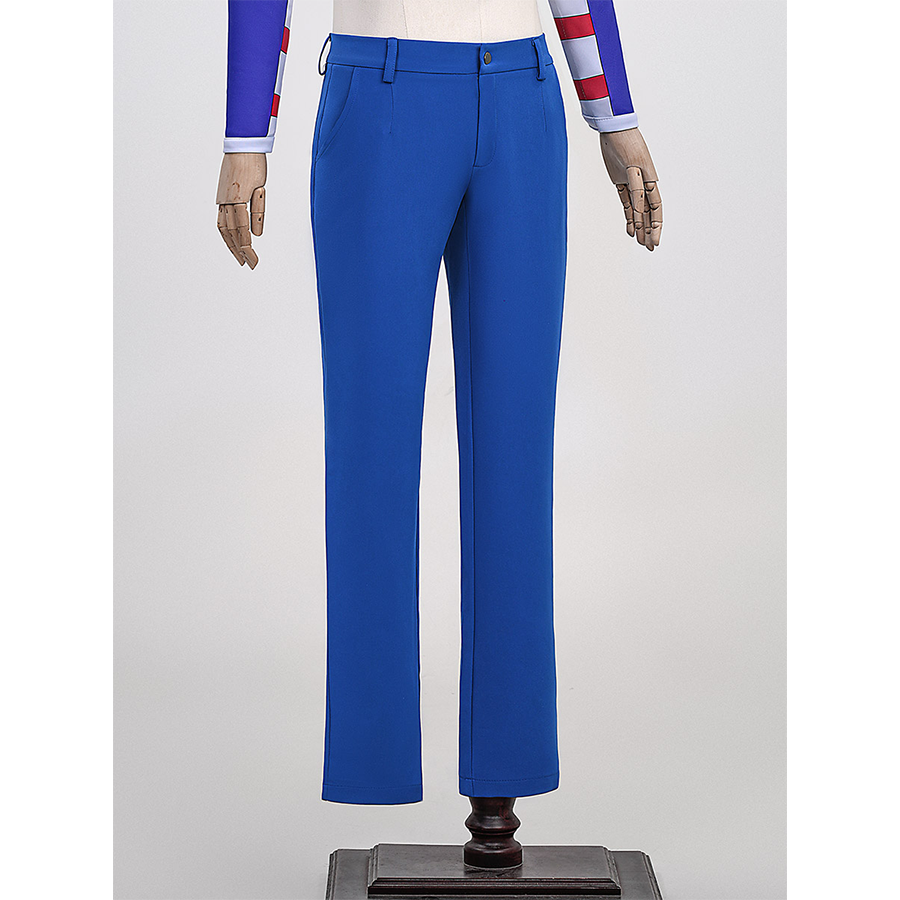 Anime Johnny Joestar Cosplay Costume, deep blue slim-fit pants, left side view.