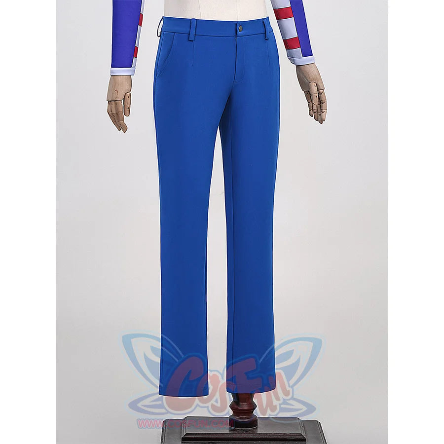Anime Johnny Joestar Cosplay Costume, deep blue slim-fit pants, left side view.