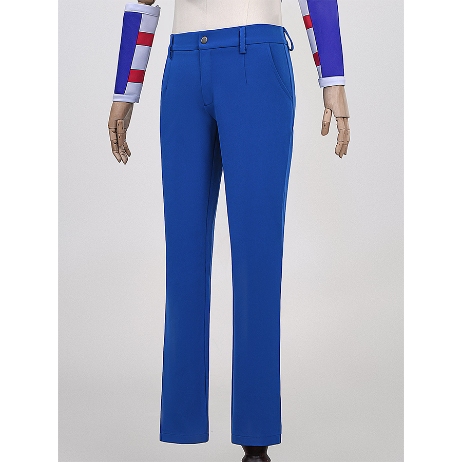 Anime Johnny Joestar Cosplay Costume, deep blue slim-fit pants, right side view.