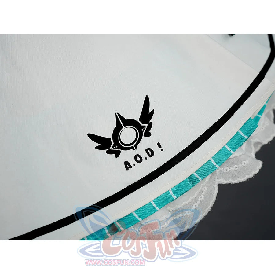 Close-up of A.O.D. winged logo on Aria cosplay costume white skirt with teal lace trim.
