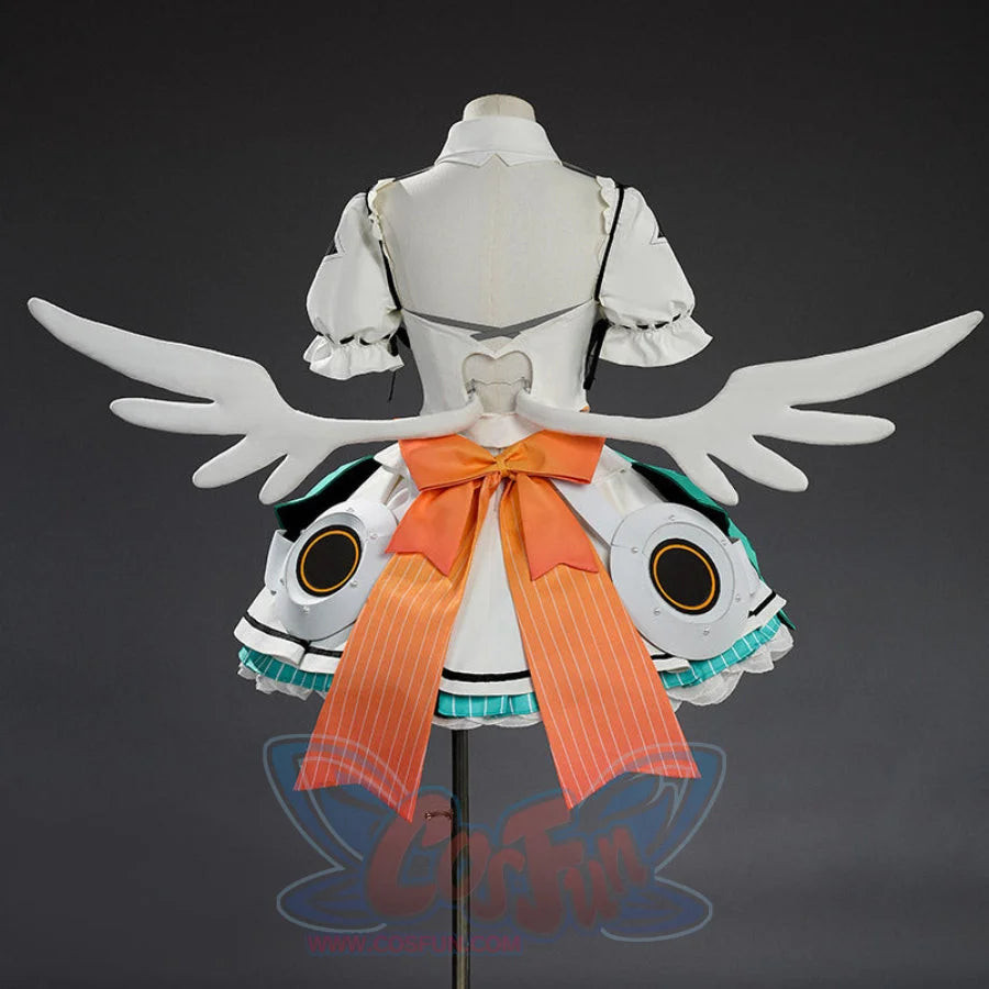 Zenless Zone Zero Aria cosplay costume centers a orange pinstriped bow anchored above mechanical white wings at the back.