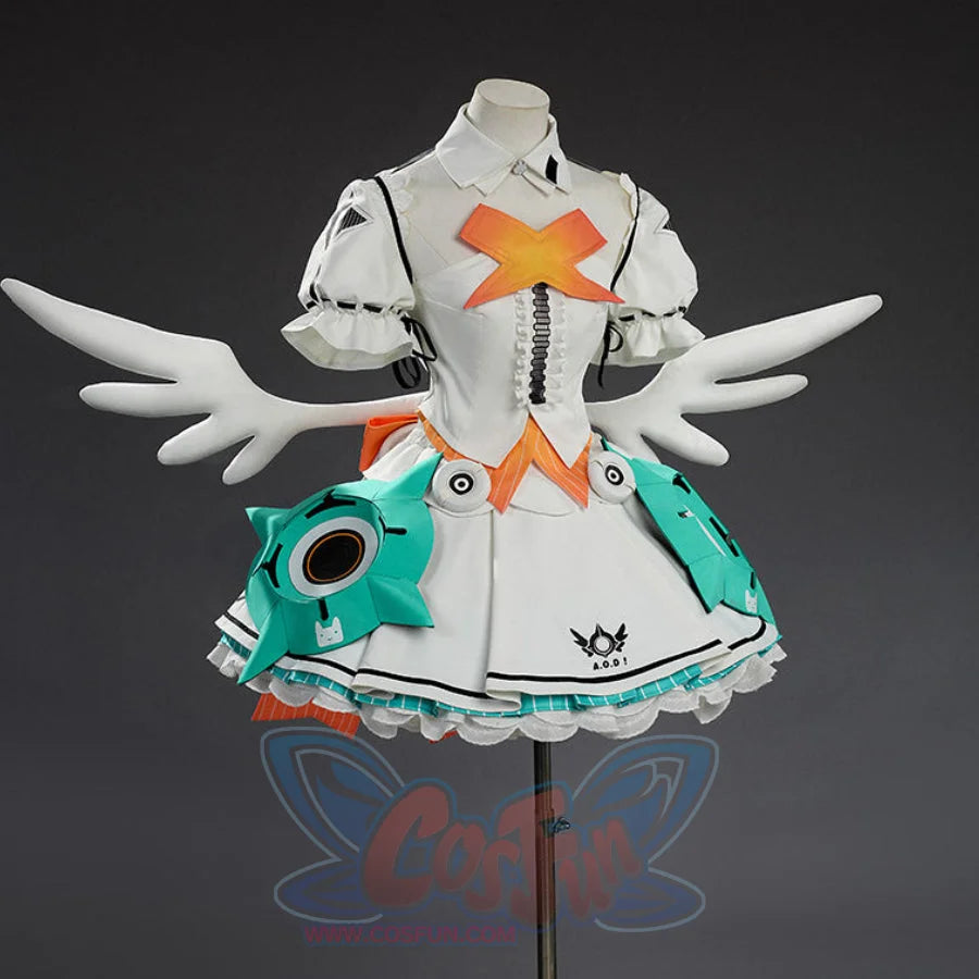 Front view of Aria cosplay costume highlighting teal armor panels with circular speakers and orange X emblem.