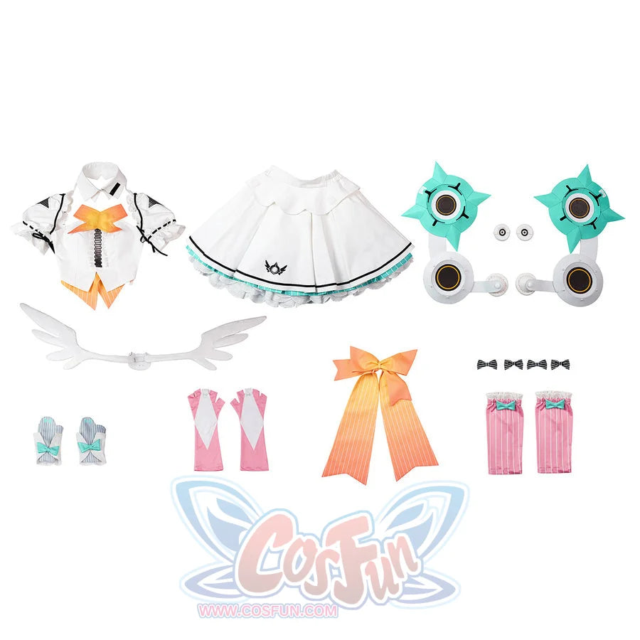 Aria cosplay complete costume set flat lay with all pieces and accessories organized display
