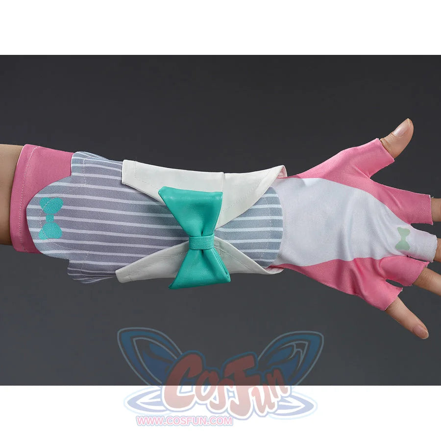 Aria cosplay costume pink and grey striped fingerless gloves with teal bow, shown on hand.