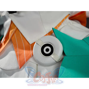 Close-up of Aria cosplay costume white circular speaker piece with orange bow and teal armor.