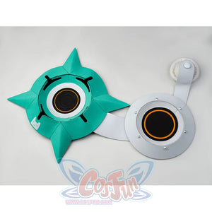 Aria cosplay costume teal shuriken speaker and white circular earphone prop displayed side by side.