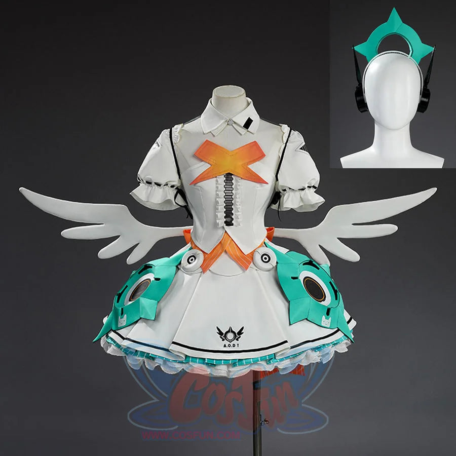 Zenless Zone Zero Aria cosplay dress pairs an orange X applique with teal mechanical hip panels and a segmented headband.