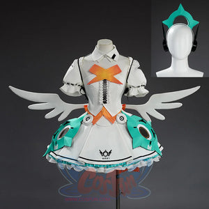 Aria cosplay costume displayed on mannequin with inset showing teal star-shaped headwear accessory.