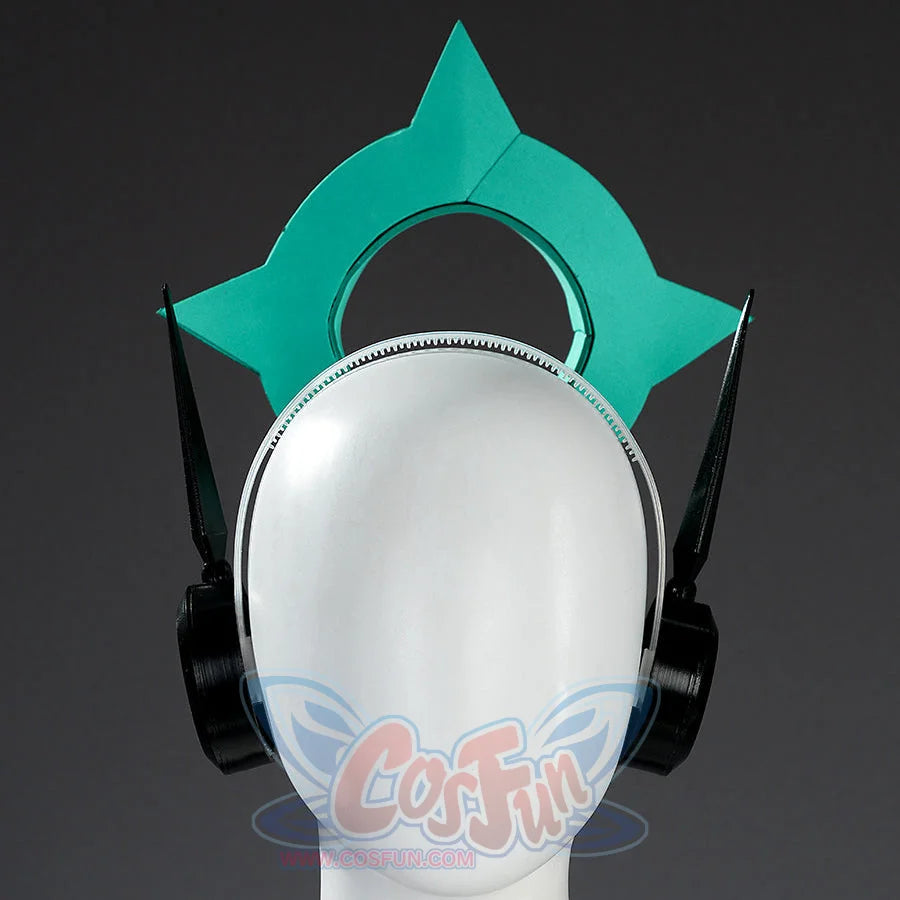 Aria cosplay teal star hearwear displayed on a white mannequin head, full front view.