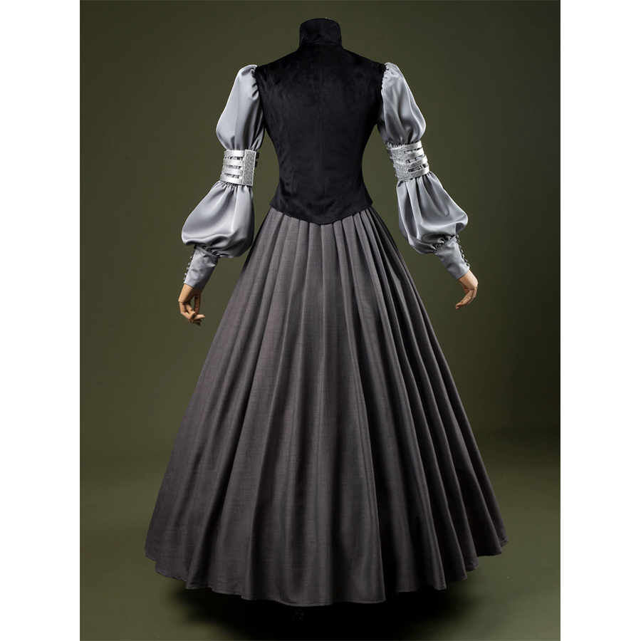 Attack of the Clones Padmé Amidala Cosplay Costume, black and gray vintage outfit, front view.