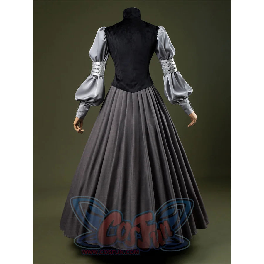 Attack of the Clones Padmé Amidala Cosplay Costume, black and gray vintage outfit, front view.