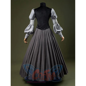 Attack of the Clones Padmé Amidala Cosplay Costume, black vest, sliver gray top and gray skirt, back view.