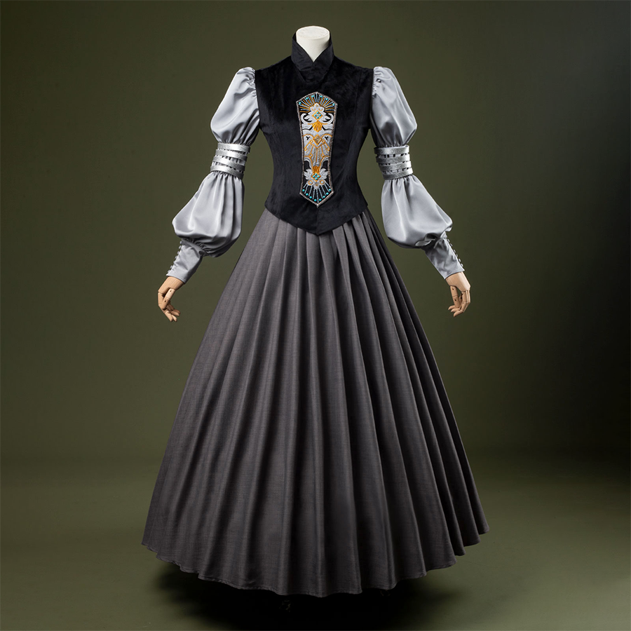 Attack of the Clones Padmé Amidala Cosplay Costume, black and gray vintage outfit, front view.