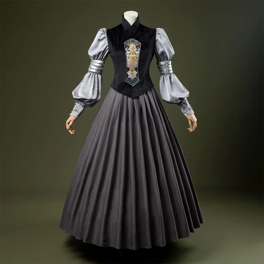 Attack of the Clones Padmé Amidala Cosplay Costume, black and gray vintage outfit, front view.