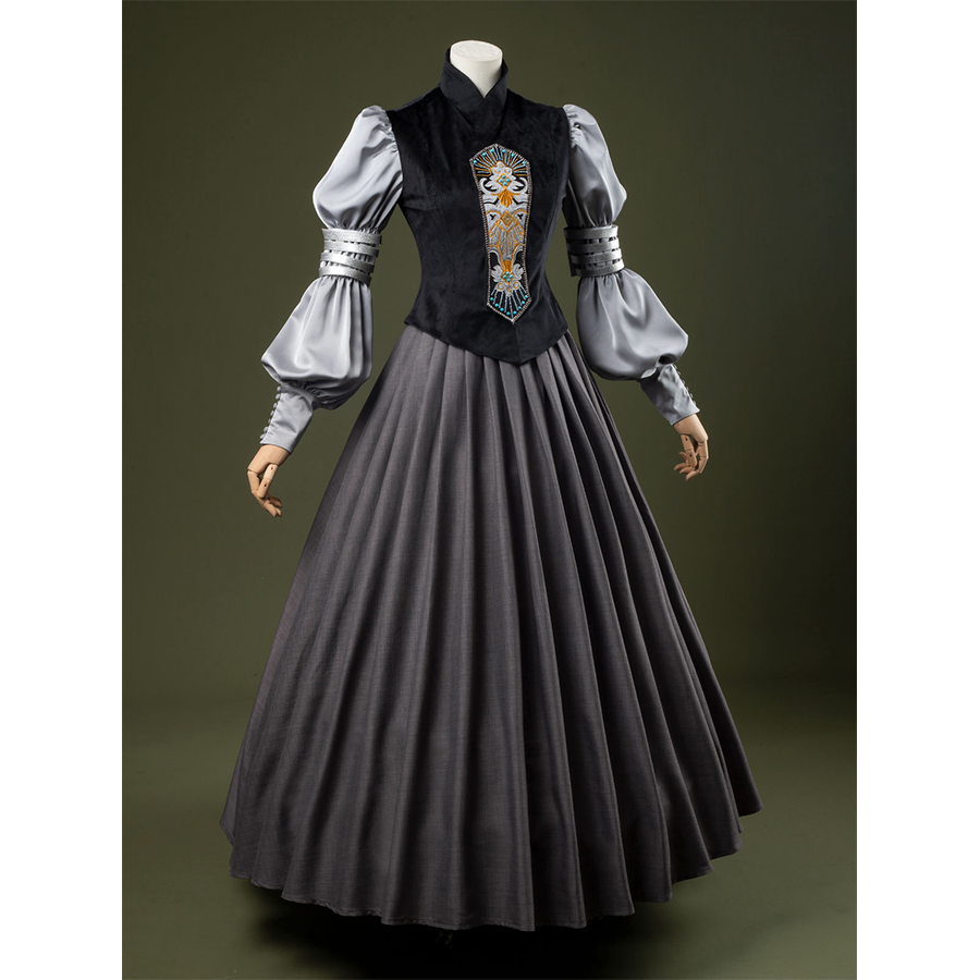 Attack of the Clones Padmé Amidala Cosplay Costume, black and gray vintage outfit with sliver armlets.