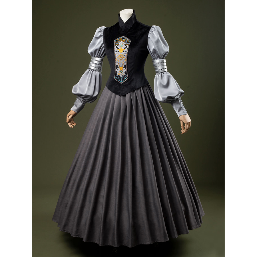 Attack of the Clones Padmé Amidala Cosplay Costume, black and gray vintage outfit with an exquisite patterns on the front.