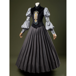 Attack of the Clones Padmé Amidala Cosplay Costume, black and gray vintage outfit with an exquisite patterns on the front.