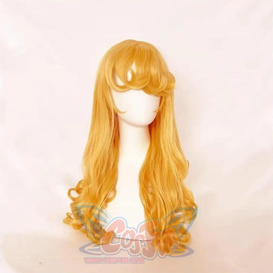 Aurora Princess Cosplay Costume Wig, long blond hair with curly bangs and ends, right side view