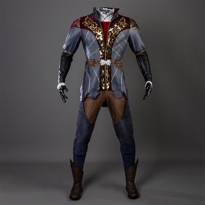 Baldur’s Gate 3 Astarion Cosplay Costume set, the top is made of gray and burgundy fabrics, with gorgeous gold decorations on the chest, a high collar with gold lines on the edges, a brown belt around the waist, blue and black sleeves, lace trim at cuffs, brown upper part of the pants, blue legs, and brown high boots.