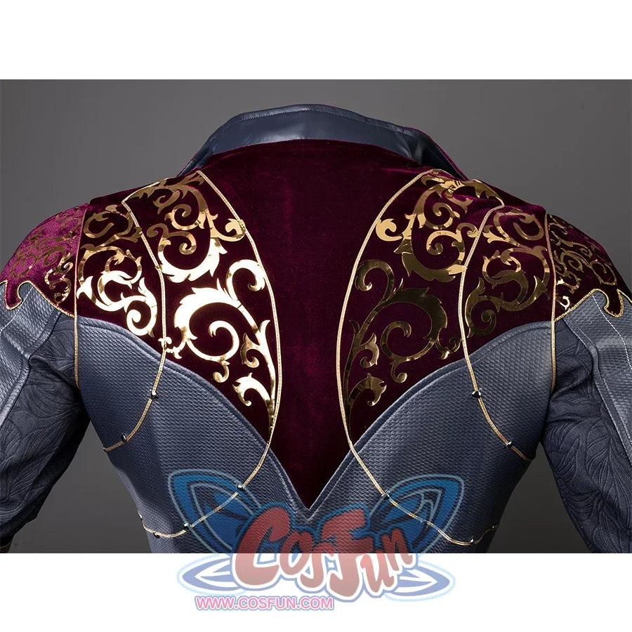 Baldur’s Gate 3 Astarion Cosplay Costume back view, the jacket is made of gray and burgundy fabrics, with gorgeous gold decorations on the back and shoulder, serves gold lines on the back with round metal decorations.