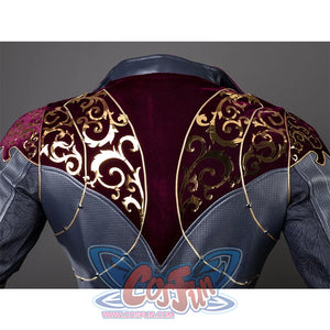 Baldur’s Gate 3 Astarion Cosplay Costume back view, the jacket is made of gray and burgundy fabrics, with gorgeous gold decorations on the back and shoulder, serves gold lines on the back with round metal decorations.