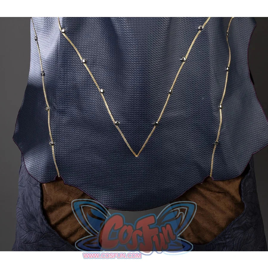 Baldur’s Gate 3 Astarion Cosplay Costume jacket back hem,the hem is designed in a wavy shape, with gold thread and metal studs to add texture.