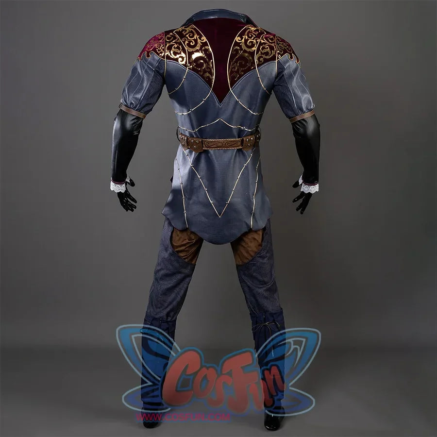 Baldur’s Gate 3 Astarion Cosplay Costume back view, the top is made of gray and burgundy fabrics, with gorgeous gold decorations on the back, a high collar, a brown belt around the waist, blue and black sleeves, lace trim at cuffs, brown upper part of the pants, blue legs.