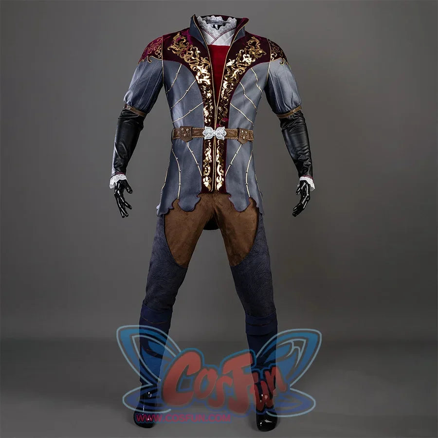Baldur’s Gate 3 Astarion Cosplay Costume's front view, the top is made of gray and burgundy fabrics, with gorgeous gold decorations on the chest, a high collar with gold lines on the edges, a brown belt around the waist, blue and black sleeves, lace trim at cuffs, brown upper part of the pants, blue legs.