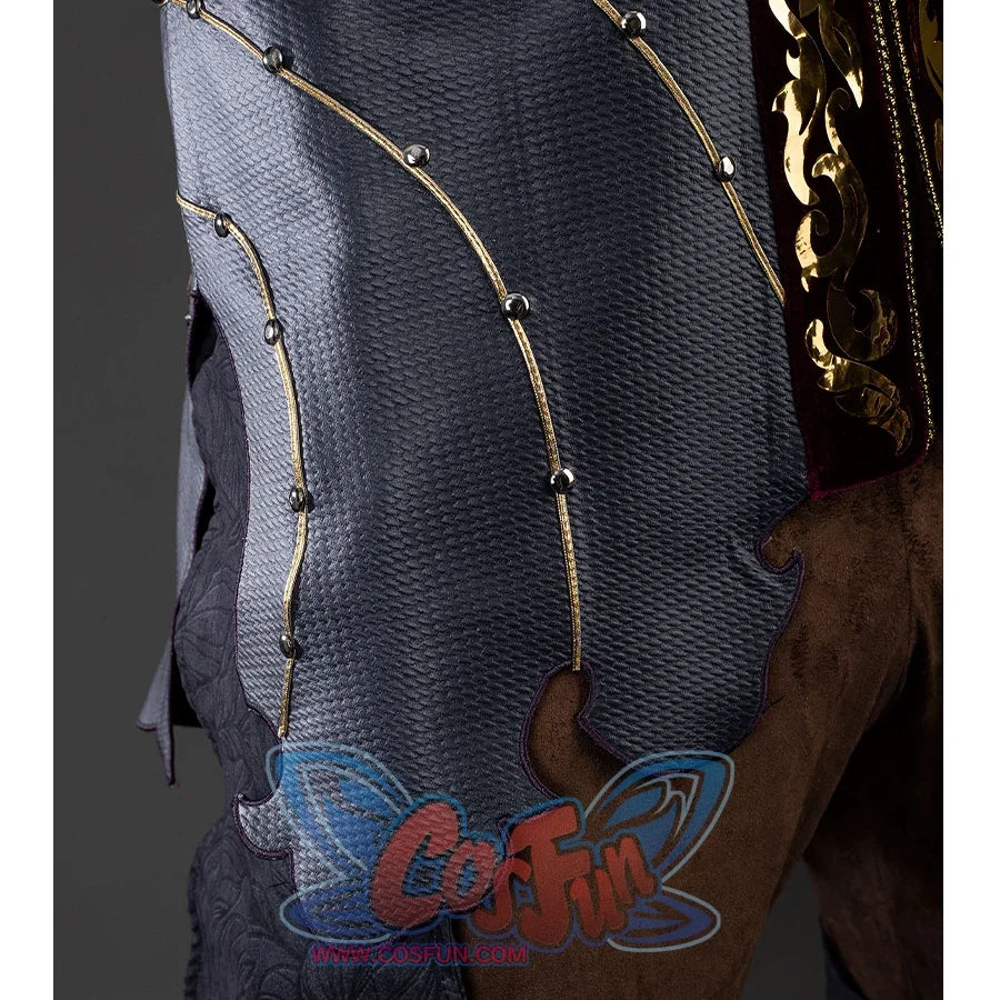 Baldur’s Gate 3 Astarion Cosplay Costume jacket hem,the hem of the jacket is designed in a wavy shape, with gold thread and metal studs to add texture.