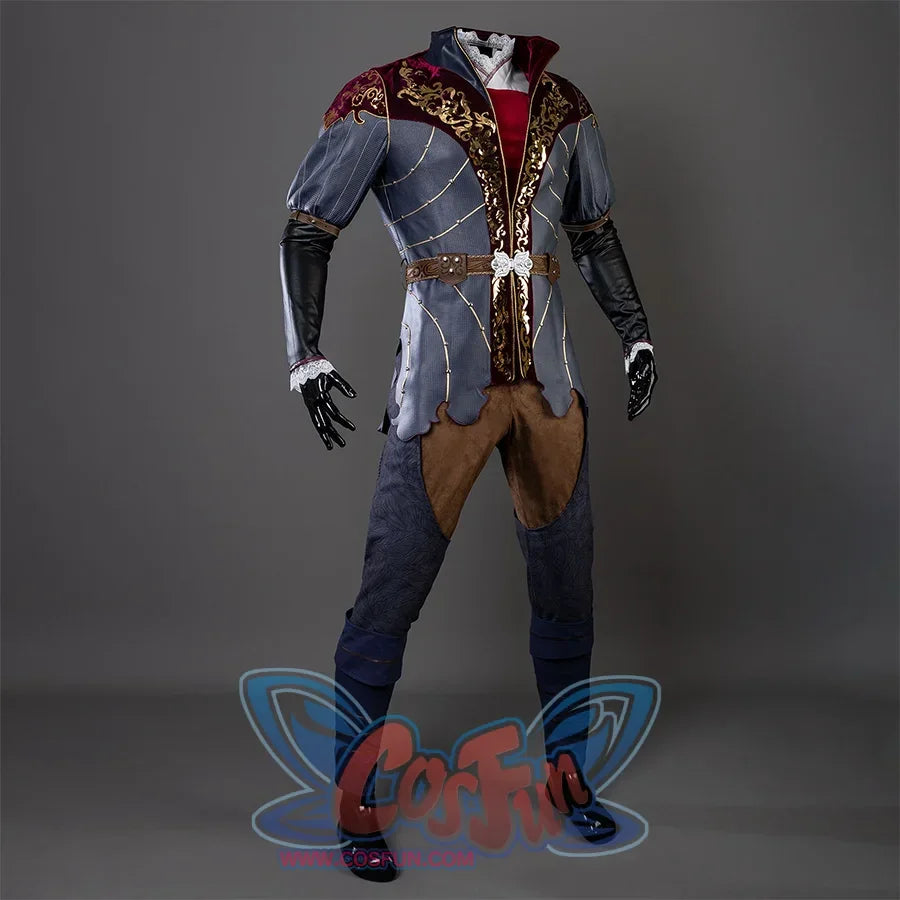 Baldur’s Gate 3 Astarion Cosplay Costume's left side view, the top is made of gray and burgundy fabrics, with gorgeous gold decorations on the chest, a high collar with gold lines on the edges, a brown belt around the waist, blue and black sleeves, lace trim at cuffs, brown upper part of the pants, blue legs.