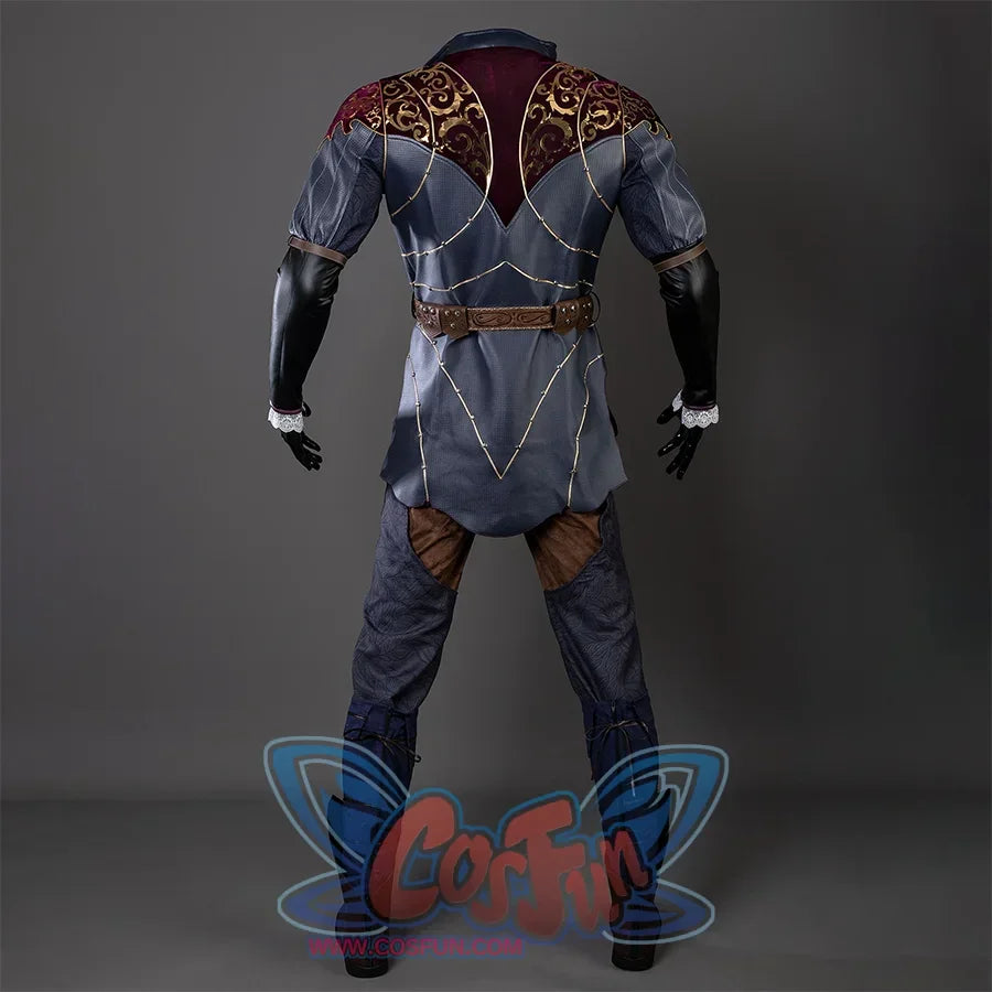 Baldur’s Gate 3 Astarion Cosplay Costume set back view, the top is made of gray and burgundy fabrics, with gorgeous gold decorations on the back, a high collar with gold lines on the edges, a brown belt around the waist, blue and black sleeves, lace trim at cuffs, brown upper part of the pants, blue legs, and brown high boots.