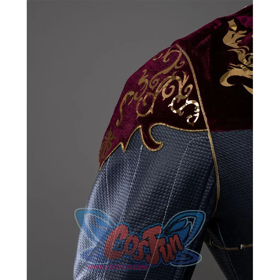 Baldur’s Gate 3 Astarion Cosplay Costume shoulder view, the jacket is made of gray and burgundy fabrics, with gorgeous gold decorations on the back and shoulder.
