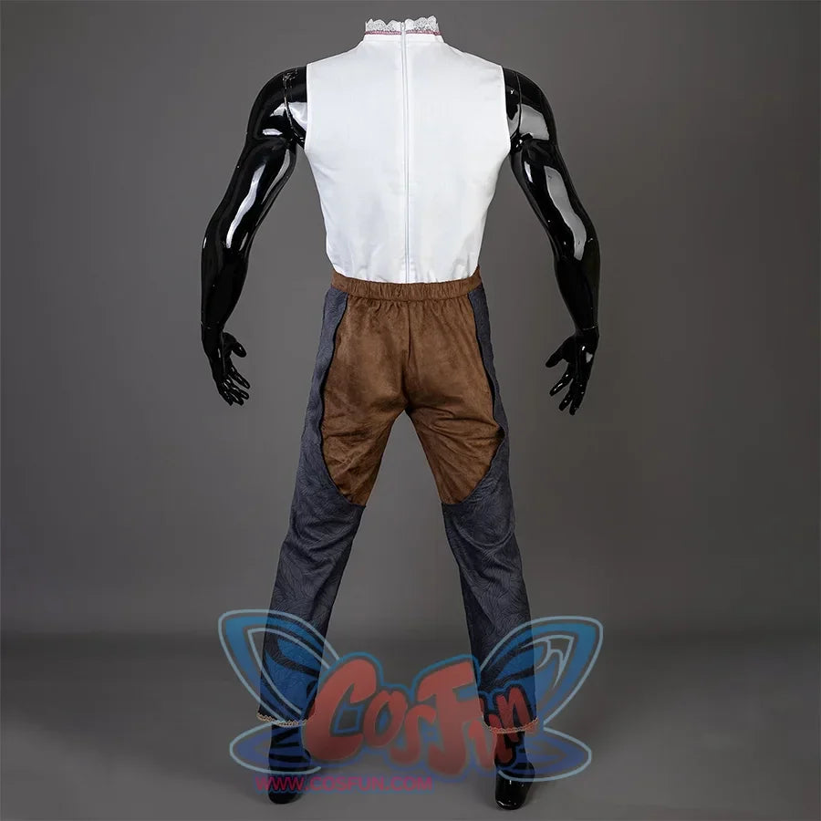 Baldur’s Gate 3 Astarion Cosplay Costume undershirt back,  the undershirt's back is white with white lace collar, brown upper part of the pants, blue legs.