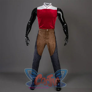 Baldur’s Gate 3 Astarion Cosplay Costume undershirt and pants,  there is a red undershirt with white lace collar, brown upper part of the pants, blue legs.