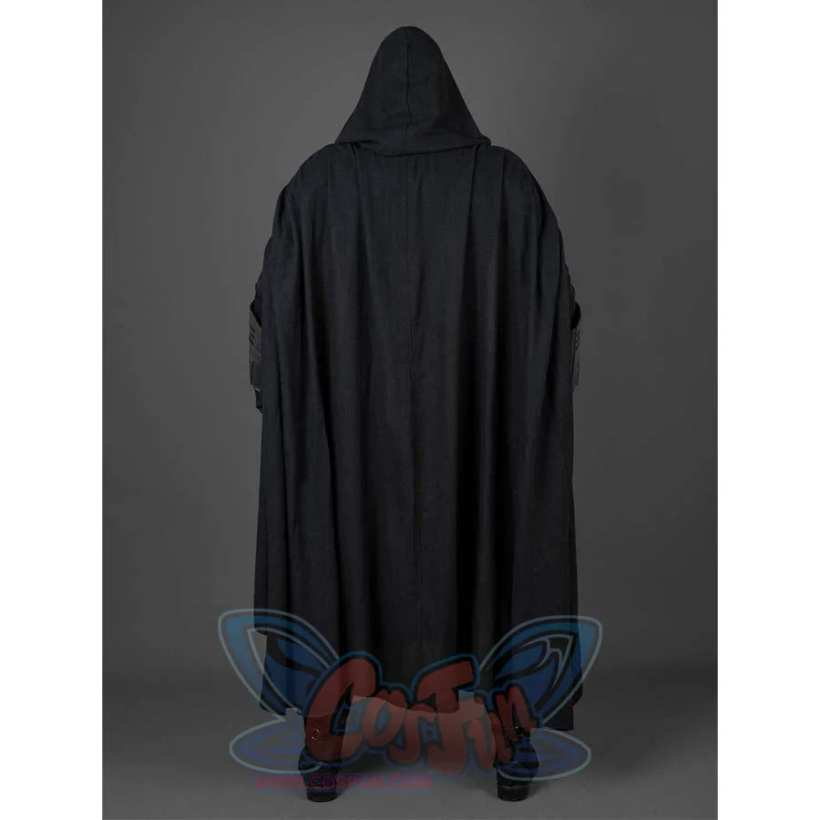 Focuses on the back of the Baylan Skoll cosplay costume, showcasing the black hooded cloak’s design and texture.
