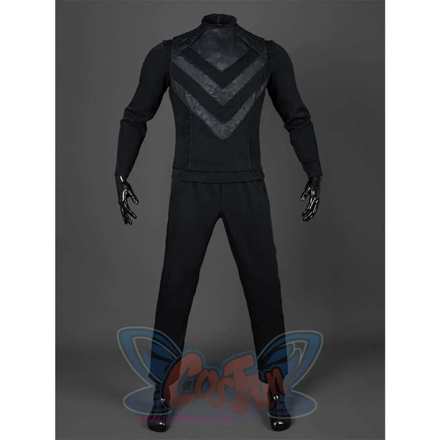 Presents the base layer of the Baylan Skoll cosplay costume, featuring a black tunic with chevron details and matching pants.