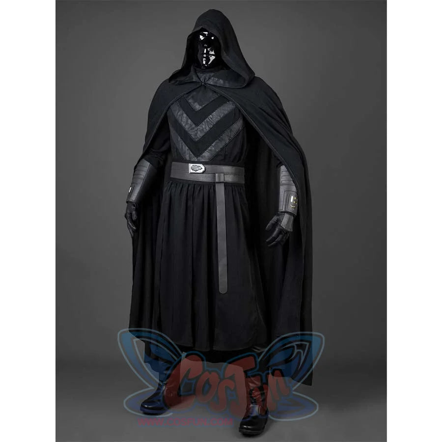 Shows a mannequin in the complete Baylan Skoll cosplay costume, featuring a black hooded cloak, tunic with chevron details, belt, and boots.