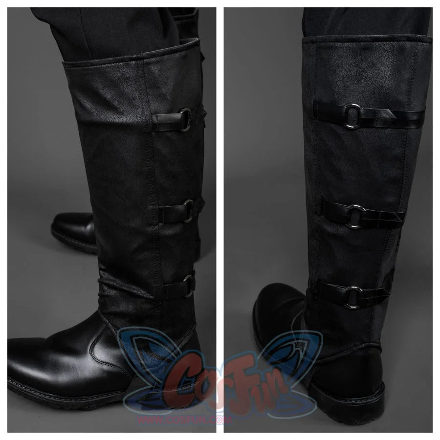 Presents close-ups of Baylan Skoll’s cosplay boots, showcasing the black leather - like material, multiple buckles, and design details.